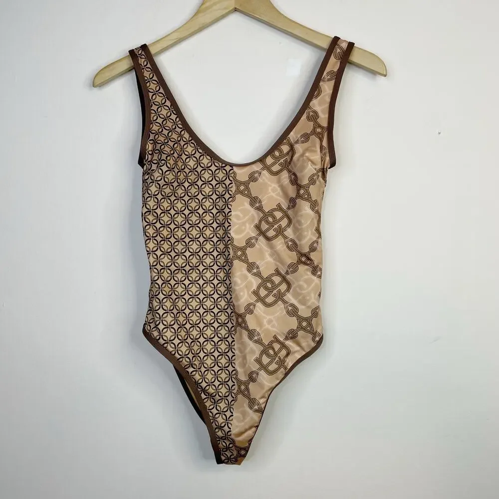 ASOS Design Splice One Piece Swimsuit Monogram Chain Horse bit Print Brown Tan 6